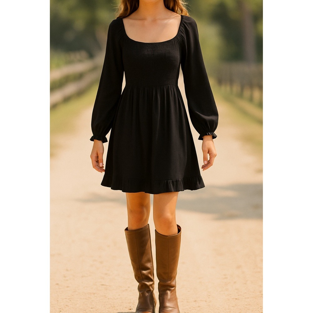 White Birch Black Smocked Dress Long Sleeve Boho S Country Peasant Milkmaid
